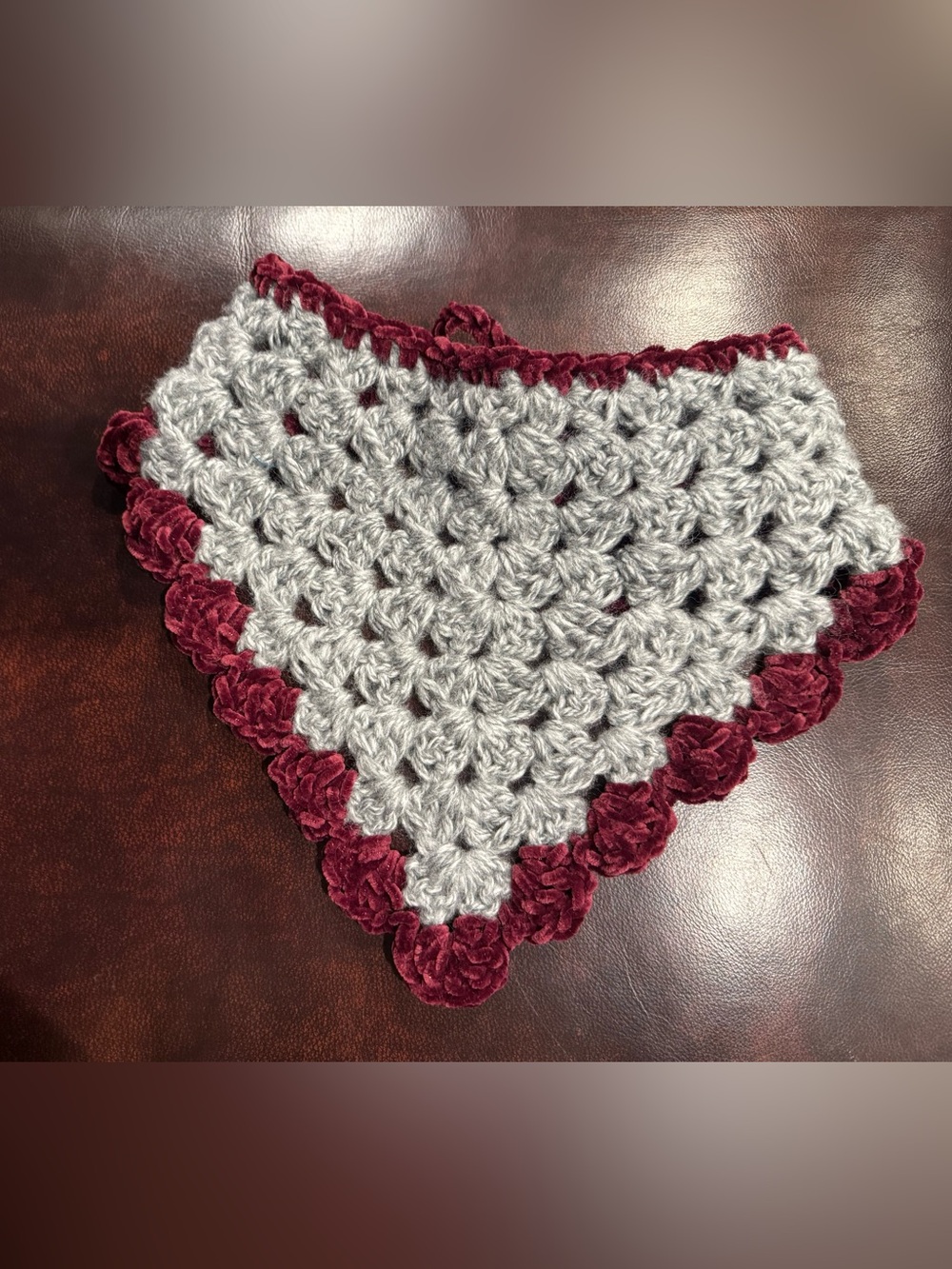 Handmade Crochet Bandana Scarf in Light Gray and Burgundy